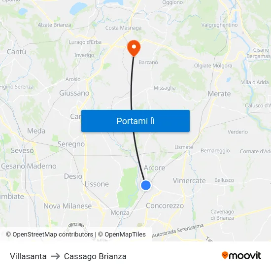 Villasanta to Cassago Brianza map