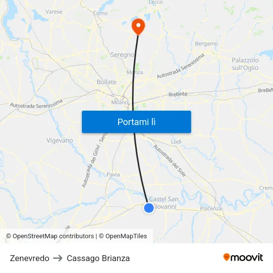 Zenevredo to Cassago Brianza map