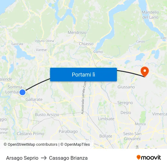 Arsago Seprio to Cassago Brianza map