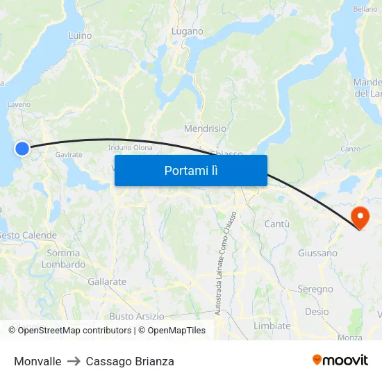 Monvalle to Cassago Brianza map