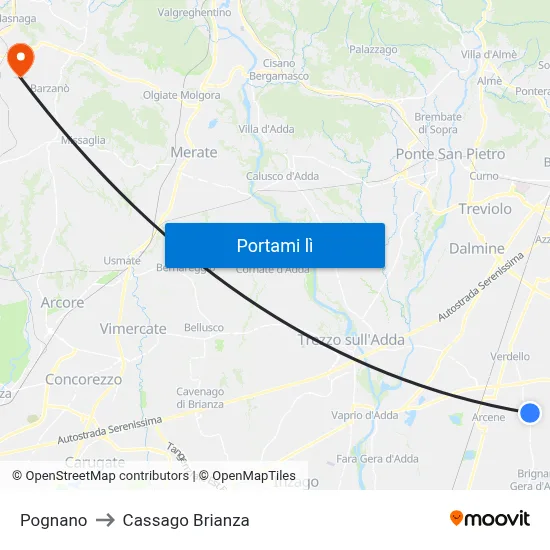 Pognano to Cassago Brianza map