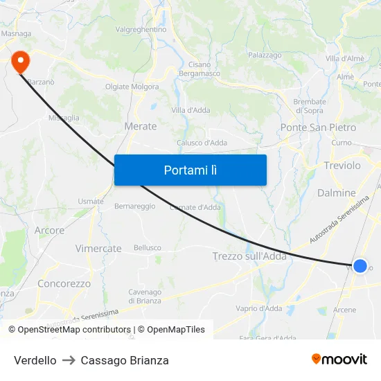 Verdello to Cassago Brianza map