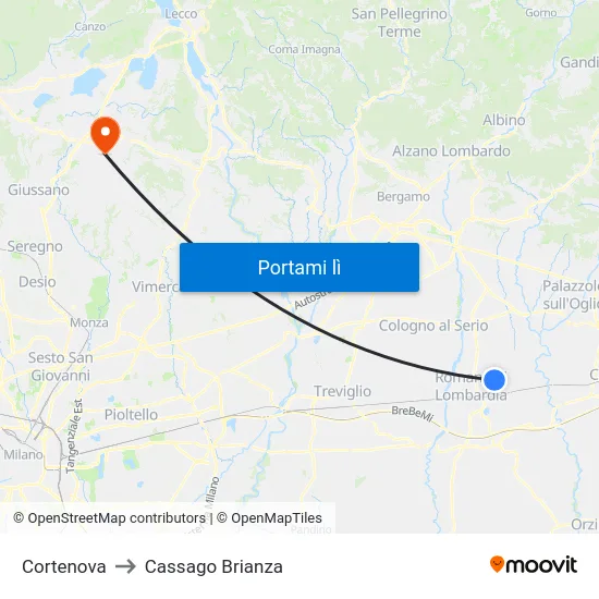 Cortenova to Cassago Brianza map