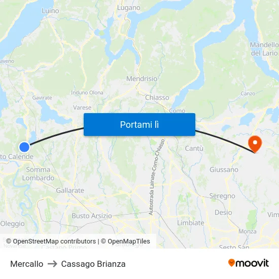 Mercallo to Cassago Brianza map