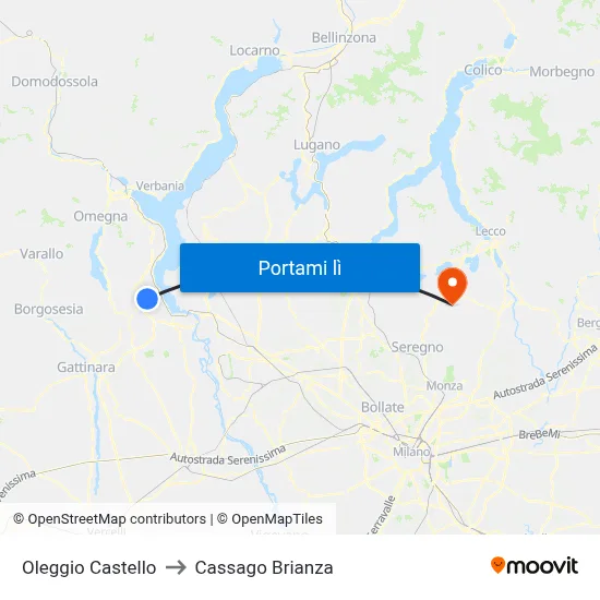 Oleggio Castello to Cassago Brianza map