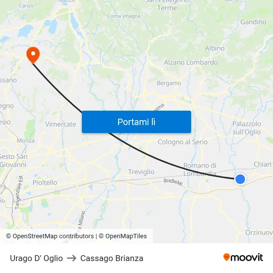 Urago D' Oglio to Cassago Brianza map