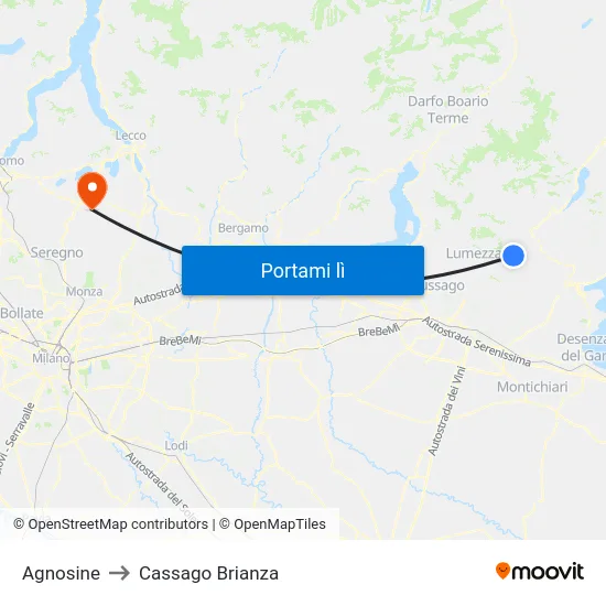 Agnosine to Cassago Brianza map