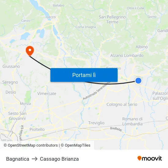 Bagnatica to Cassago Brianza map