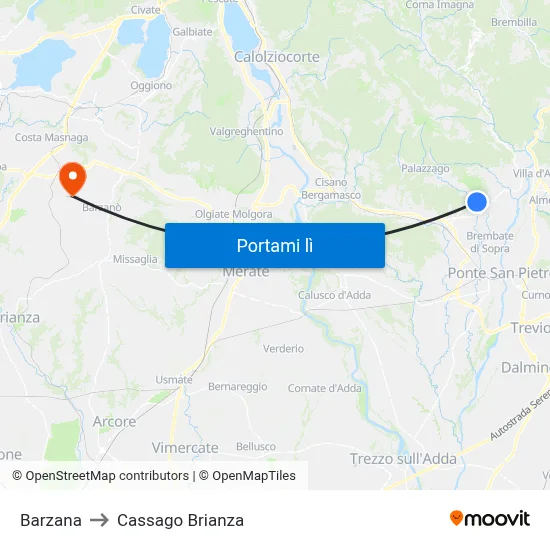 Barzana to Cassago Brianza map