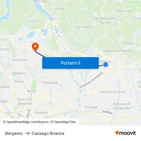 Bergamo to Cassago Brianza map