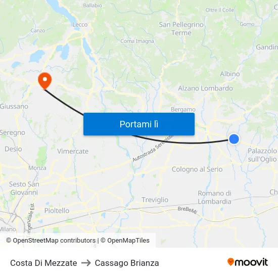 Costa Di Mezzate to Cassago Brianza map