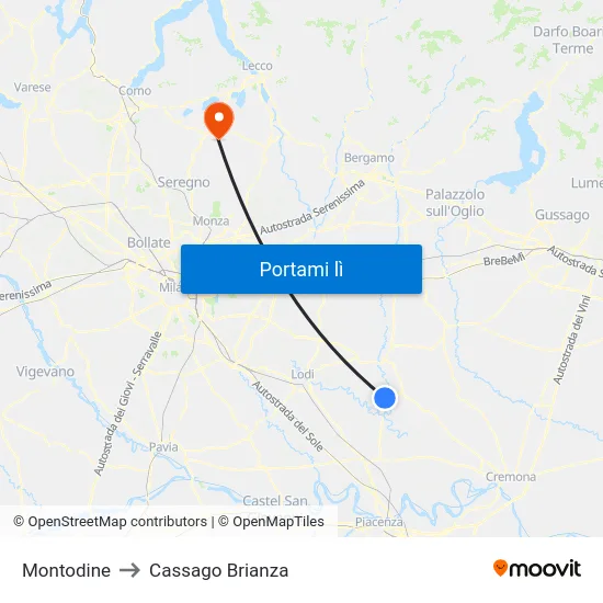Montodine to Cassago Brianza map