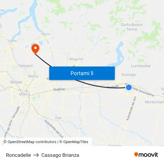 Roncadelle to Cassago Brianza map