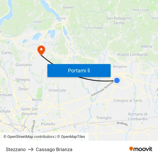 Stezzano to Cassago Brianza map