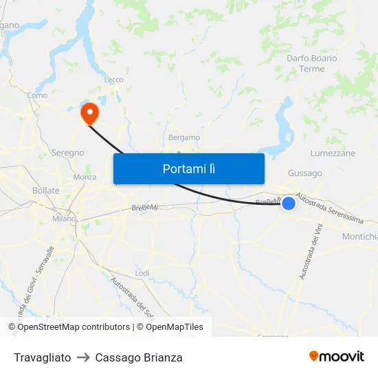 Travagliato to Cassago Brianza map