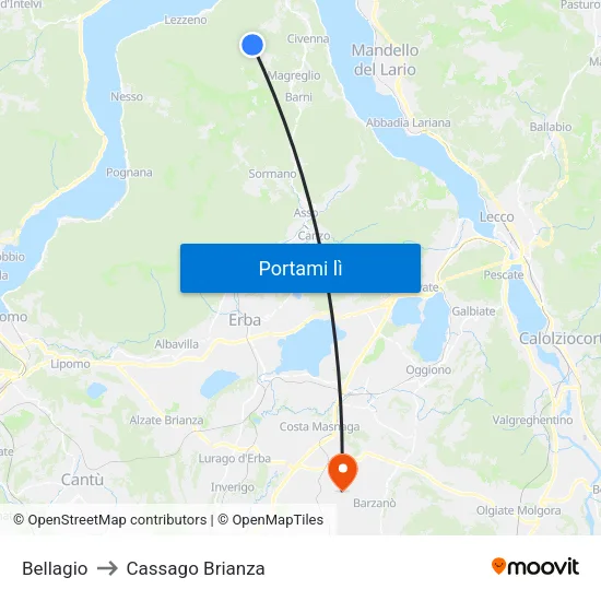 Bellagio to Cassago Brianza map