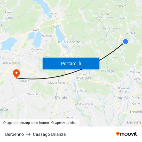 Berbenno to Cassago Brianza map