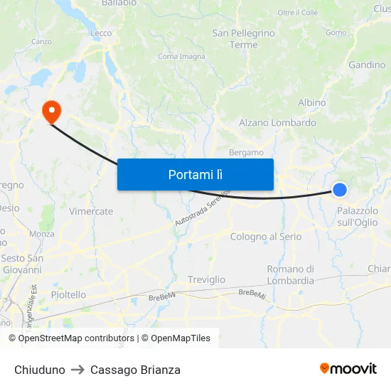 Chiuduno to Cassago Brianza map