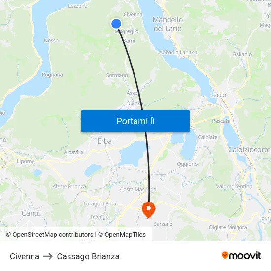 Civenna to Cassago Brianza map