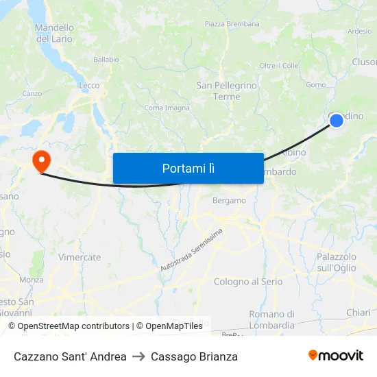 Cazzano Sant' Andrea to Cassago Brianza map