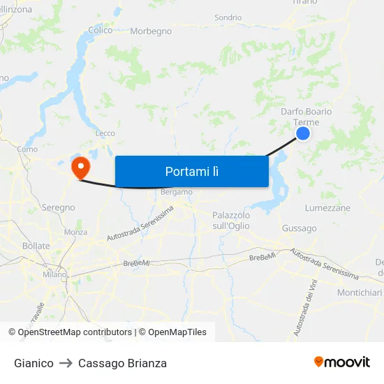 Gianico to Cassago Brianza map