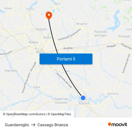 Guardamiglio to Cassago Brianza map