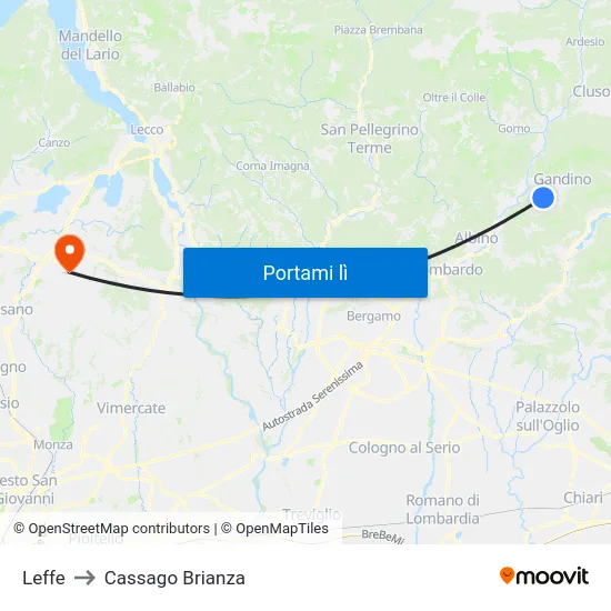 Leffe to Cassago Brianza map