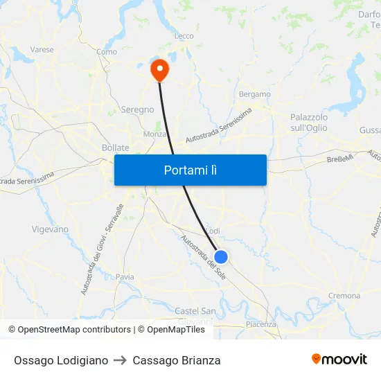 Ossago Lodigiano to Cassago Brianza map
