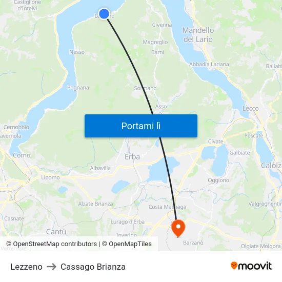 Lezzeno to Cassago Brianza map