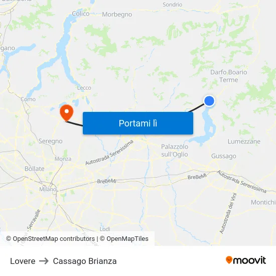 Lovere to Cassago Brianza map