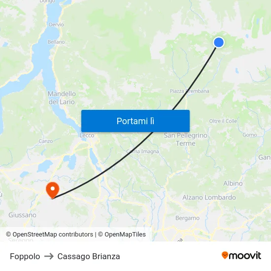 Foppolo to Cassago Brianza map