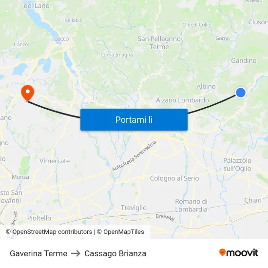 Gaverina Terme to Cassago Brianza map