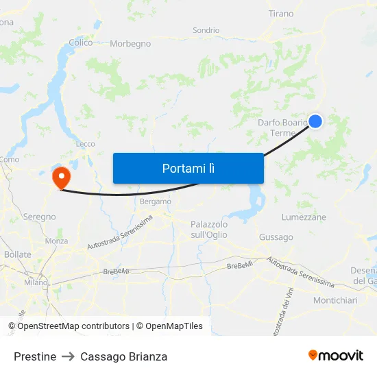 Prestine to Cassago Brianza map