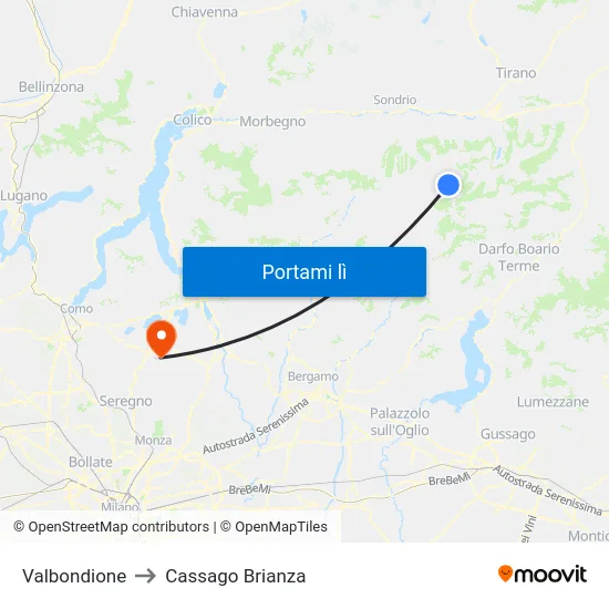 Valbondione to Cassago Brianza map