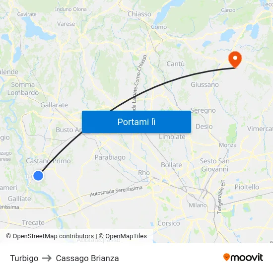 Turbigo to Cassago Brianza map