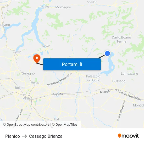 Pianico to Cassago Brianza map