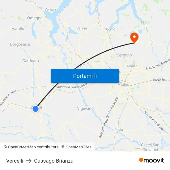 Vercelli to Cassago Brianza map