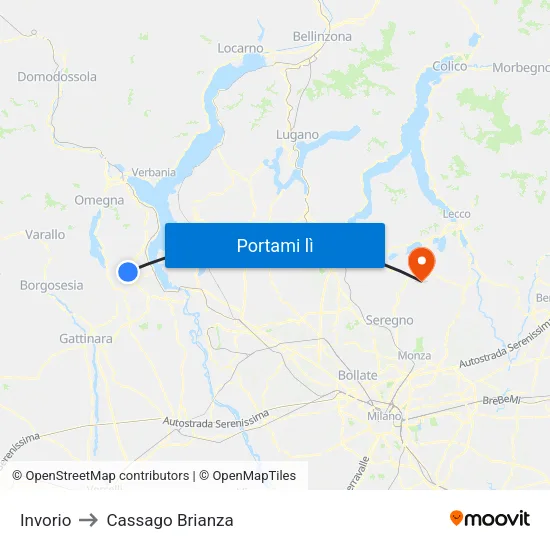 Invorio to Cassago Brianza map