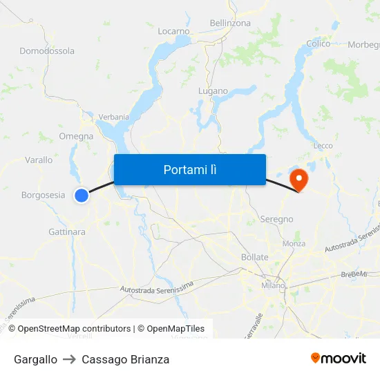 Gargallo to Cassago Brianza map