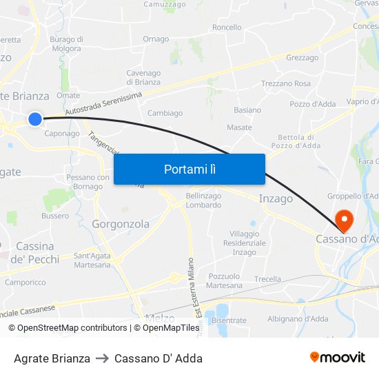 Agrate Brianza to Cassano D' Adda map