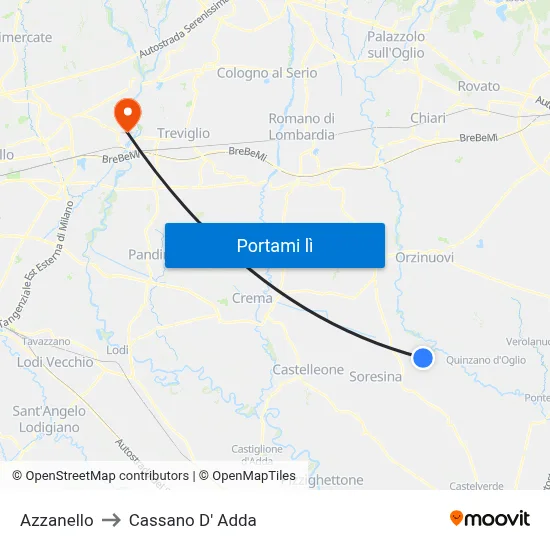 Azzanello to Cassano D' Adda map