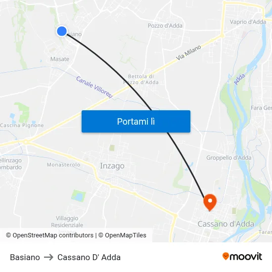 Basiano to Cassano D' Adda map