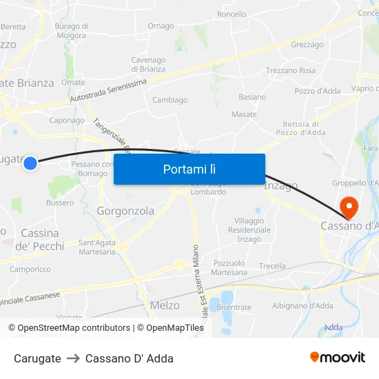 Carugate to Cassano D' Adda map