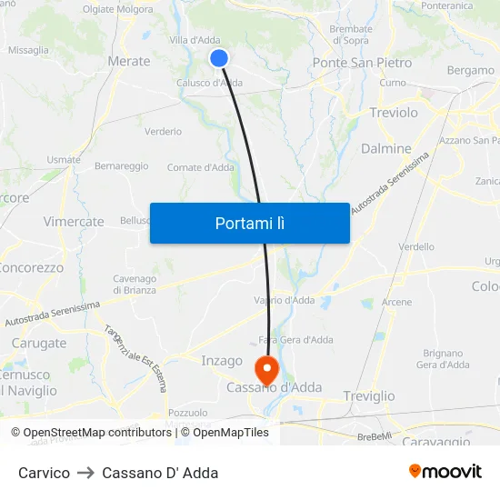 Carvico to Cassano D' Adda map