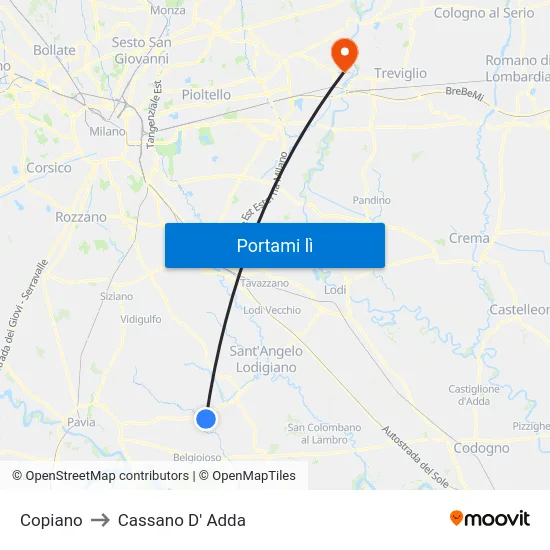 Copiano to Cassano D' Adda map
