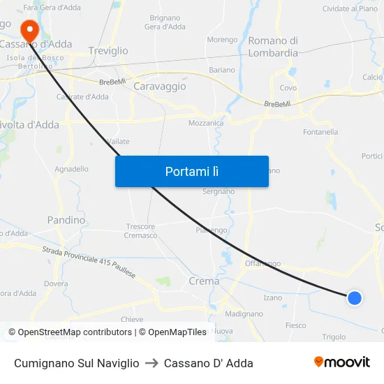 Cumignano Sul Naviglio to Cassano D' Adda map