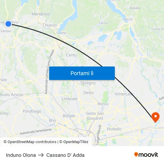 Induno Olona to Cassano D' Adda map