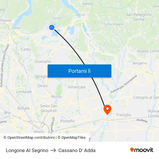 Longone Al Segrino to Cassano D' Adda map