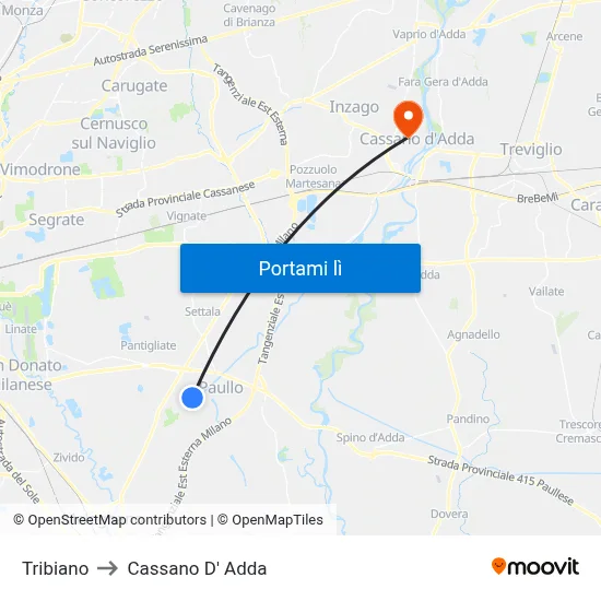Tribiano to Cassano D' Adda map