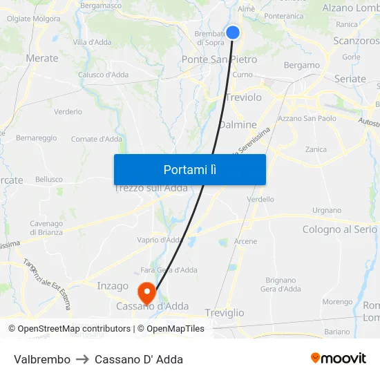 Valbrembo to Cassano D' Adda map
